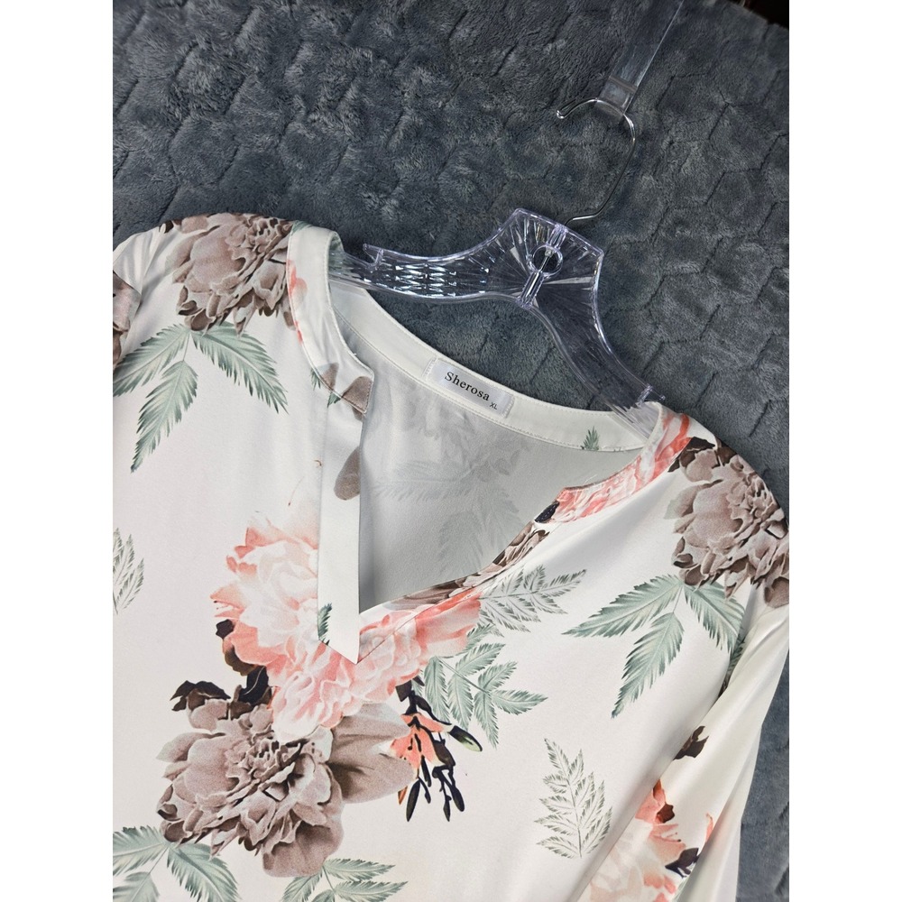 Sherosa Womens XL Floral Tunic Blouse White Pink Peony 3/4 Sleeve V-Neck Top